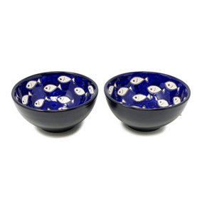 Signature Blue & White Fish Hand Painted Ceramic Set of 2 Mixed Appetiser Bowls (Diam) 15cm