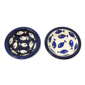 Signature Blue & White Fish Hand Painted Ceramic Set of 2 Mixed Tapas Bowls (Diam) 12cm