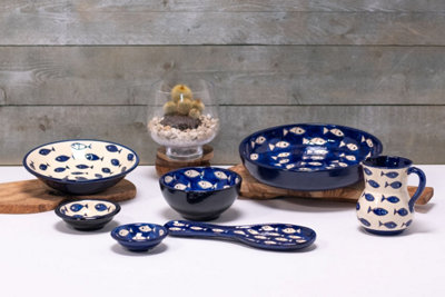 Signature Blue & White Fish Hand Painted Ceramic Set of 2 Pasta Bowls (D) 23cm