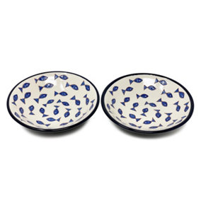 Signature Blue & White Fish Hand Painted Ceramic Set of 2 Pasta Bowls (Diam) 23cm