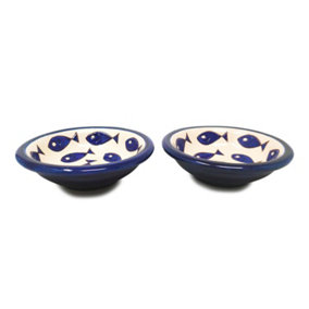 Signature Blue & White Fish Hand Painted Ceramic Set of 2 Tapas Snack Bowls (D) 12cm