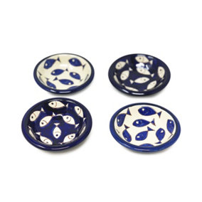Signature Blue & White Fish Hand Painted Ceramic Set of 4 Mixed Tapas Bowls (Diam) 10cm