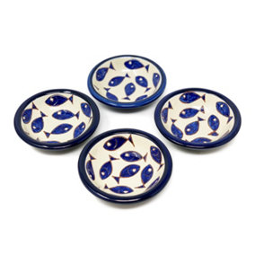 Signature Blue & White Fish Hand Painted Ceramic Set of 4 Tapas Bowls (Diam) 10cm
