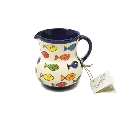 Signature Coloured Fish Hand Painted Ceramic Kitchen Dining Small Pourer Jug Blue Rim 0.5L