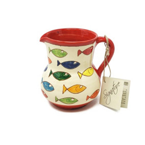 Signature Coloured Fish Hand Painted Ceramic Kitchen Dining Small Pourer Jug Red Rim 0.5L