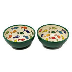 Signature Coloured Fish Hand Painted Ceramic Set of 2 Appetiser Bowls Green Rim (Diam) 15cm