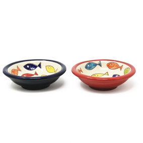 Signature Coloured Fish Hand Painted Ceramic Set of 2 Mixed Tapas Bowls (Diam) 12cm