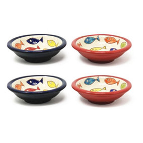 Signature Coloured Fish Hand Painted Ceramic Set of 4 Mixed Tapas Bowls (Diam) 12cm