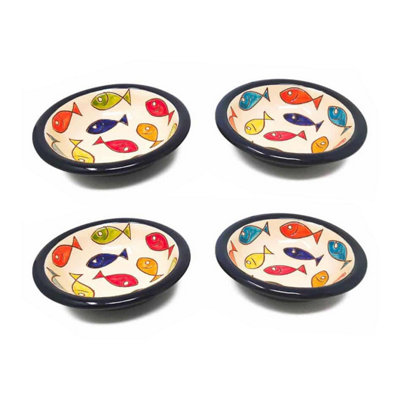 Signature Coloured Fish Hand Painted Ceramic Set of 4 Tapas Bowls Blue Rim (Diam) 12cm