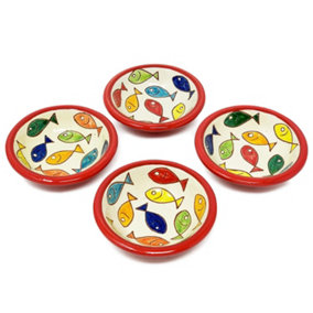 Signature Coloured Fish Hand Painted Ceramic Set of 4 Tapas Bowls Red Rim (Diam) 10cm