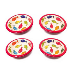 Signature Coloured Fish Hand Painted Ceramic Set of 4 Tapas Bowls Red Rim (Diam) 12cm