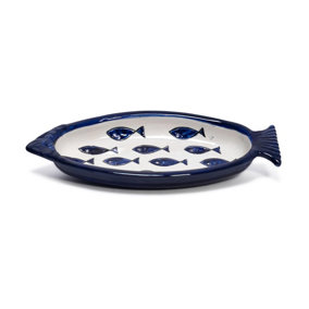 Signature Hand Painted Blue Ceramic Kitchen Dining Fish Shaped Serving Dish 25L x 10cm (W)