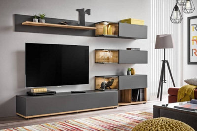Silk Contemporary Entertainment Media Unit 4 Doors Shelves Anthracite and Wotan Oak Effect W 2400mm H 1500mm D 400mm