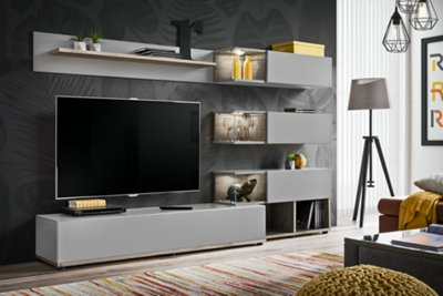 Silk Entertainment Unit in Pearl Grey - Modern Design with LED Lighting and Ample Storage  W2400mm H1500mm D400mm