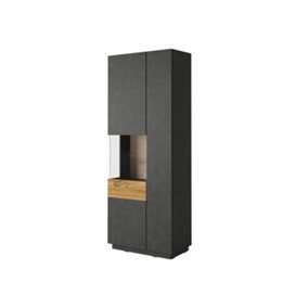 Silke 12 Tall Display Cabinet in Matera & Wotan Oak - Modern Storage with Glass Section - Left W800mm x H2070mm x D400mm
