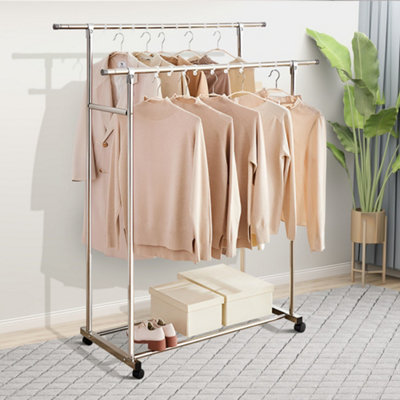 Silver 150cm H Stainless Steel Collapsible Double Pole Drying Rack with Wheels