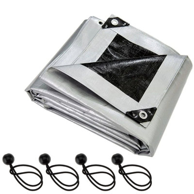 Silver 3 x 4 m Tarpaulin Cover Heavy-Duty 260 GSM Extra Thick, Waterproof, Frost-Resistant, UV Protection, with 4 Bungee Balls