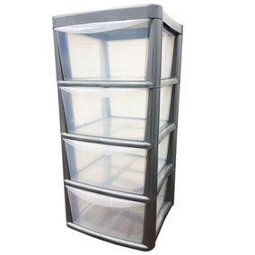 Silver 4 Drawer Storage Tower Unit With Clear Spacious Drawers For Home & Office Organisation