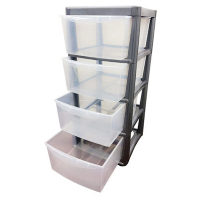 Silver 4 Drawer Storage Tower Unit With Clear Spacious Drawers For Home & Office Organisation