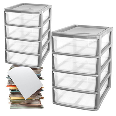 Silver 4 Pull Out Drawers A4 Desktop Plastic Storage Drawers Table Top Organiser