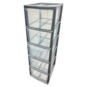 Silver 5 Drawer Storage Tower Unit With Clear Spacious Drawers For Home & Office Organisation