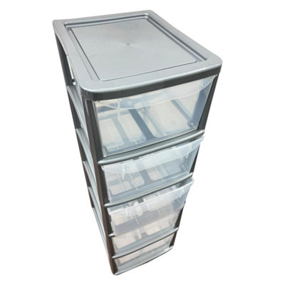 Silver 5 Drawer Storage Tower Unit With Clear Spacious Drawers For Home & Office Organisation