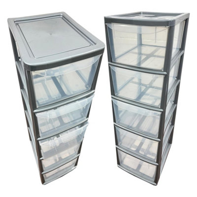 Silver 5 Drawer Storage Tower Unit With Clear Spacious Drawers For Home & Office Organisation - 3