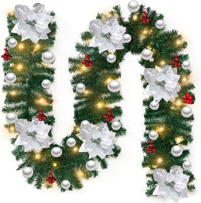 Silver 9FT Pre Lit Christmas Garland with Lights Door Wreath