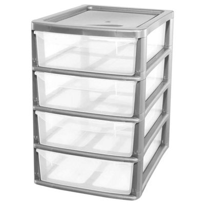 Silver A4 Desktop Bedside 4 Pull Out Storage Tower Units With Clear Drawers For Home Office