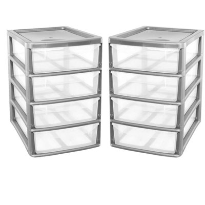 Silver A4 Desktop Bedside 4 Pull Out Storage Tower Units With Clear Drawers For Home Office