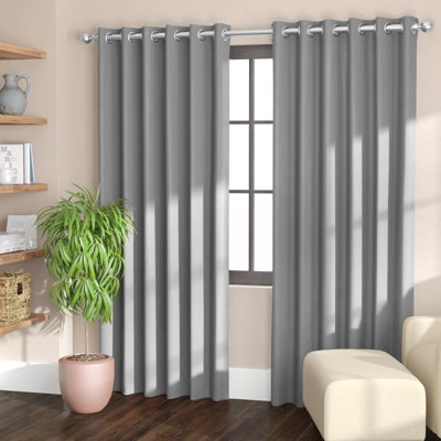 Silver Blackout Eyelet Curtains Ready Made Ring Top Thick Light Grey Curtain With Tie Backs Easy Care Washable 66x72