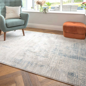 Silver Blue Distressed Abstract Geometric Area Rug 200x290cm