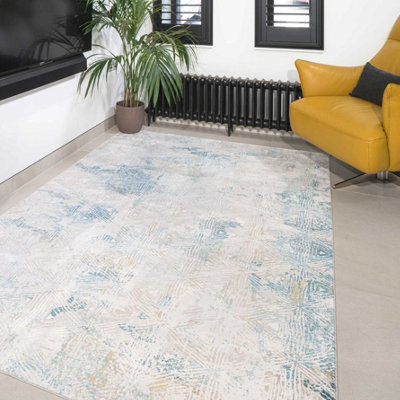 Silver Blue Metallic Distressed Geometric Living Area Rug 60x110cm