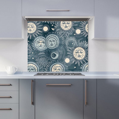 Silver Blue Moon and Stars Premium Glass Kitchen Splashback W600mm x H600mm