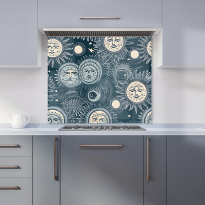 Silver Blue Moon and Stars Premium Glass Kitchen Splashback W700mm x H750mm