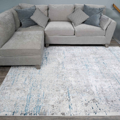 Silver Blue Tweed Floral Embossed Living Area Rug 160x230cm