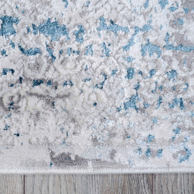 Silver Blue Tweed Floral Embossed Living Area Rug 190x280cm