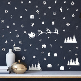 Silver Christmas Snowflakes and White Village Wall Stickers Living room DIY Home Decorations