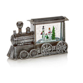 Silver Christmas Water Spinner Train Light Up Ornament White Snowman