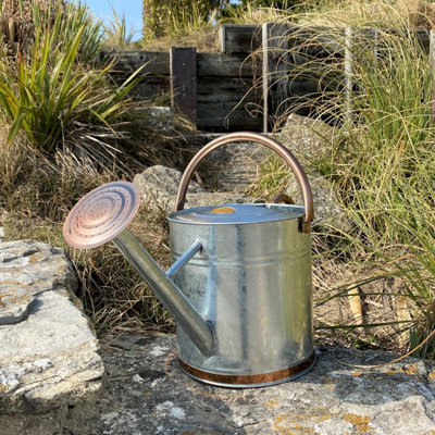 Silver & Copper Trim Metal Watering Can with Rose (9 Litre)