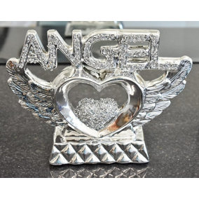 Silver Crushed Diamond Angel Heart With Wings Ornament