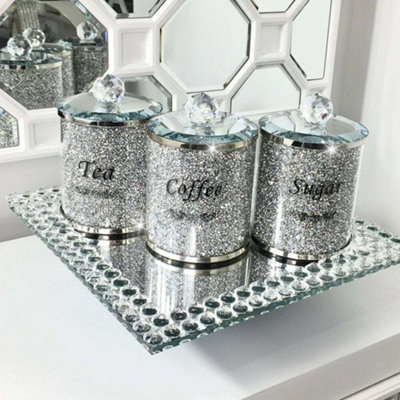 SILVER CRUSHED DIAMOND CRYSTAL FILLED TEA COFFEE SUGAR CANISTERS JARS