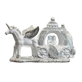 Silver Crushed Diamond Sparkly Carriage Couple Unicorn Ornament