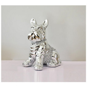 Silver Cute Bling Crushed Diamond Sitting Bull Dog Ceramic
