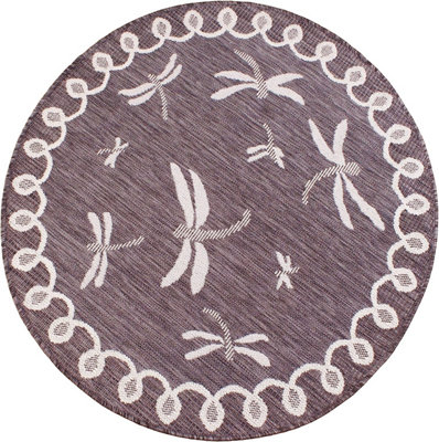 Silver Dragonfly Garden Patio Rug - Weatherproof, Mould & Mildew Resistant Indoor Outdoor Mat - Round 120cm Diameter