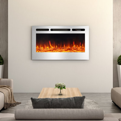 Silver Electric Fire Wall Mounted or Inset Fireplace 12 Flame Colors with Remote Control 36 Inch