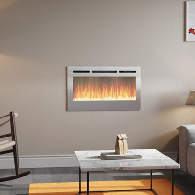 Silver Electric Fire Wall Mounted or Inset Fireplace 12 Flame Colors with Remote Control 36 Inch