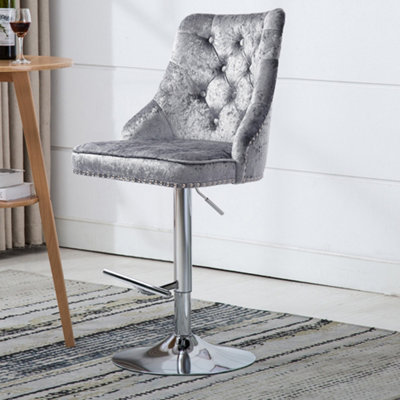 Silver Fabric Upholster Adjustable Height Bar Stool Chair