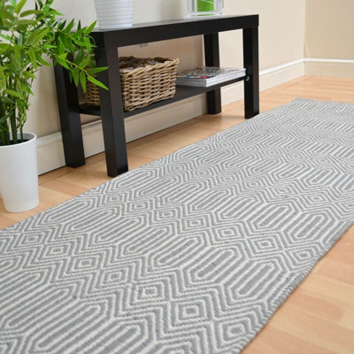 Silver Geometric Handmade Luxurious Modern Wool Easy To Clean Rug Dining Room Bedroom And Living Room-66 X 200cm (Runner)