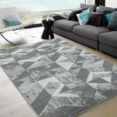Silver Geometric Modern Easy to clean Rug for Bed Room Living Room and ...